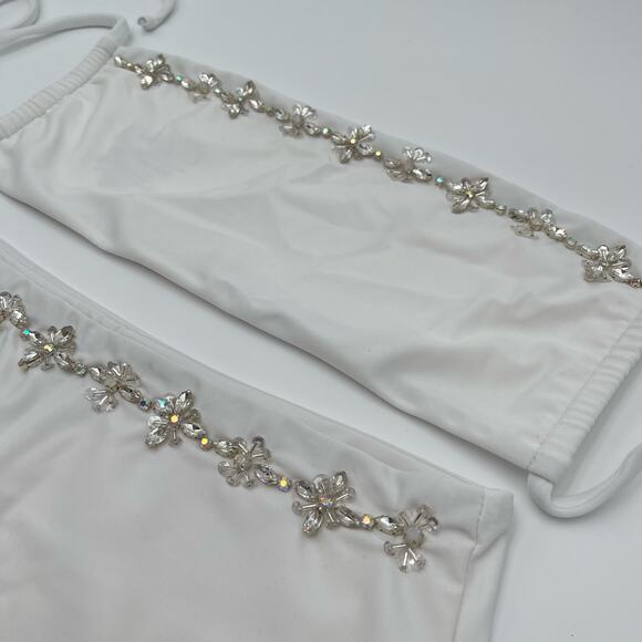 Oceanus | NWT White Aaliyah Crystal Trim Bandeau Top Mini Skirt Set XS - Picture 8 of 13
